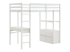Cama mezanino 90 x 190 cm com secretária e arrumação pinho e MDF branco + colchão - KALIZI