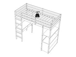 Cama mezanino 90 x 190 cm com secretária e arrumação pinho e MDF branco + colchão - KALIZI