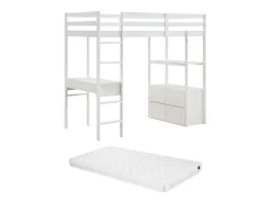 Cama mezanino 90 x 190 cm com secretária e arrumação pinho e MDF branco + colchão - KALIZI