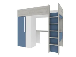 Cama mezanino 90 x 200 cm com guarda-roupa e escrivaninha em azul e branco + colchão - NICOLAS