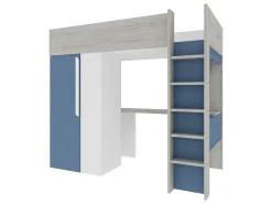 Cama mezanino 90 x 200 cm com guarda-roupa e escrivaninha em azul e branco + colchão - NICOLAS