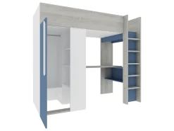 Cama mezanino 90 x 200 cm com guarda-roupa e escrivaninha em azul e branco + colchão - NICOLAS