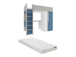 Cama mezanino 90 x 200 cm com guarda-roupa e escrivaninha em azul e branco + colchão - NICOLAS