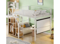 Cama mezanino 140 x 200 cm com armário e escada de segurança - metal e madeira - branco