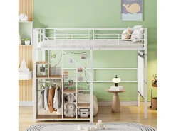 Cama mezanino 140 x 200 cm com armário e escada de segurança - metal e madeira - branco