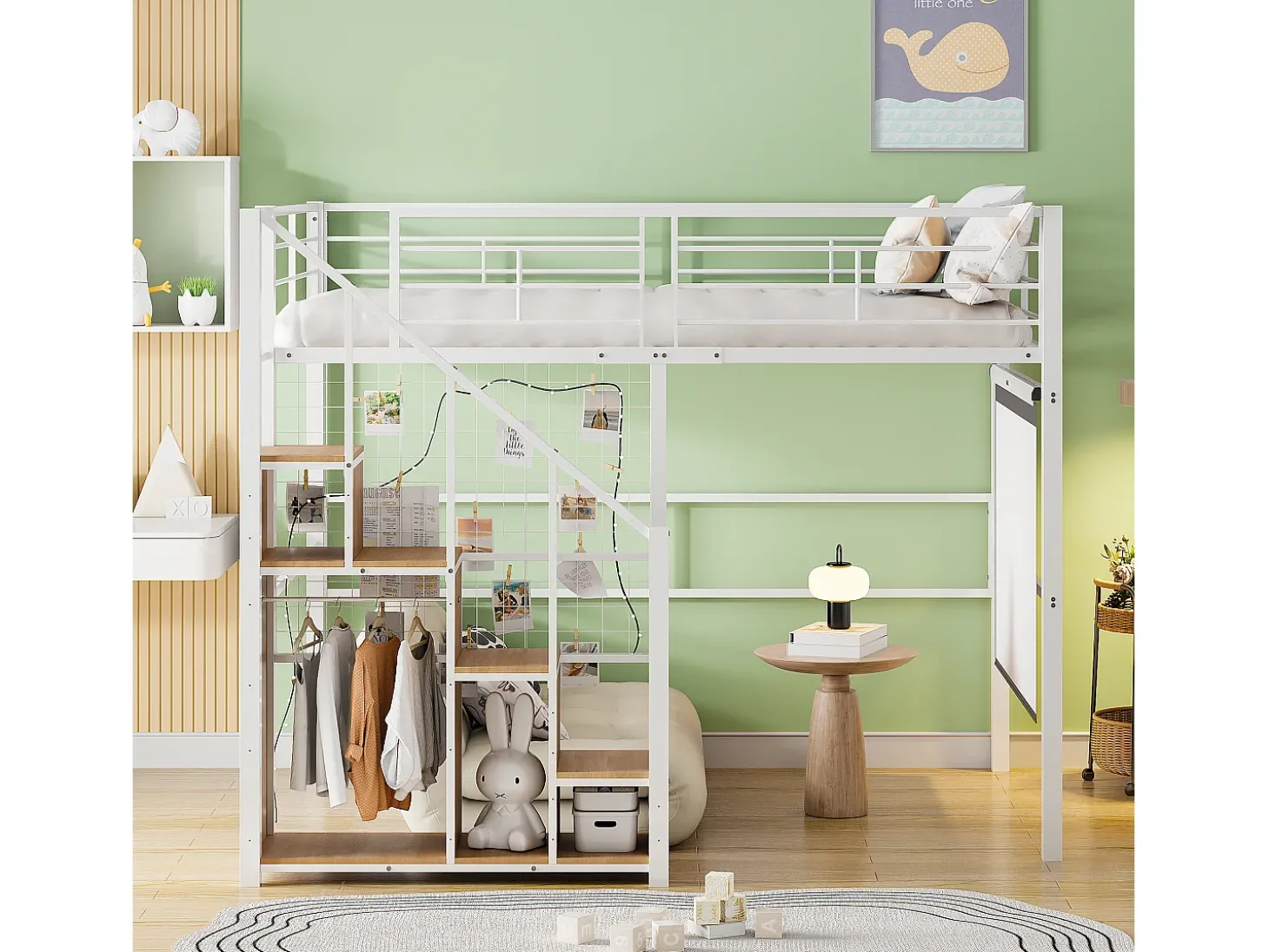 Cama mezanino 140 x 200 cm com armário e escada de segurança - metal e madeira - branco
