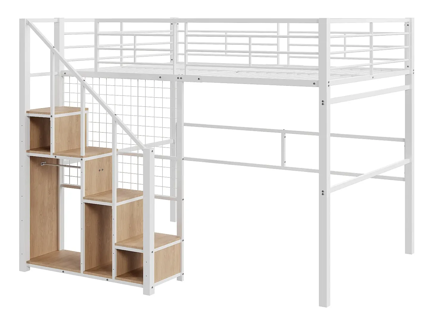 Cama mezanino 140 x 200 cm com armário e escada de segurança - metal e madeira - branco