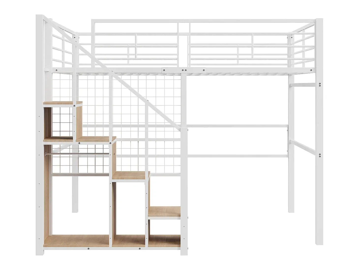 Cama mezanino 140 x 200 cm com armário e escada de segurança - metal e madeira - branco