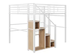 Cama mezanino 140 x 200 cm com armário e escada de segurança - metal e madeira - branco