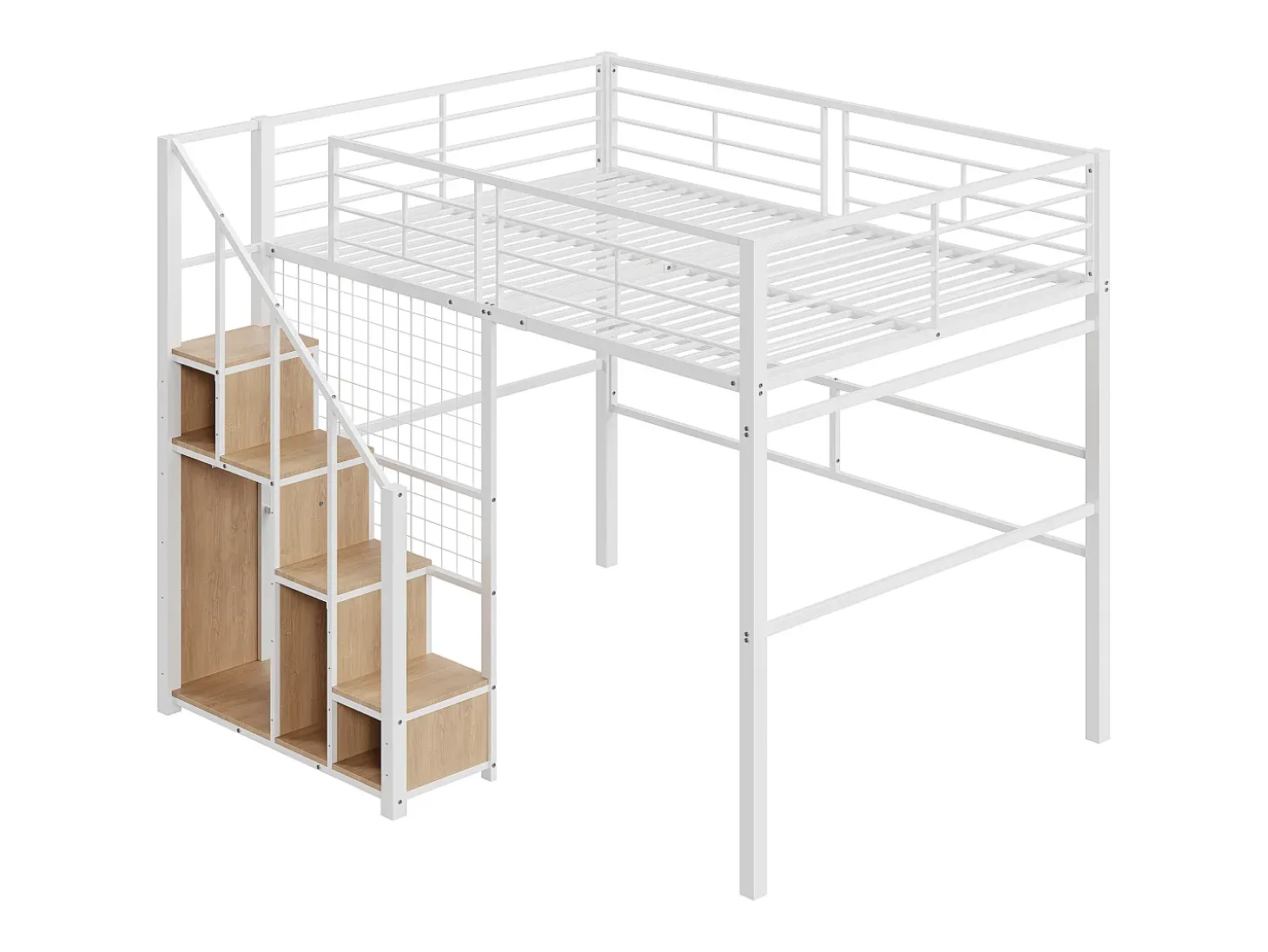 Cama mezanino 140 x 200 cm com armário e escada de segurança - metal e madeira - branco