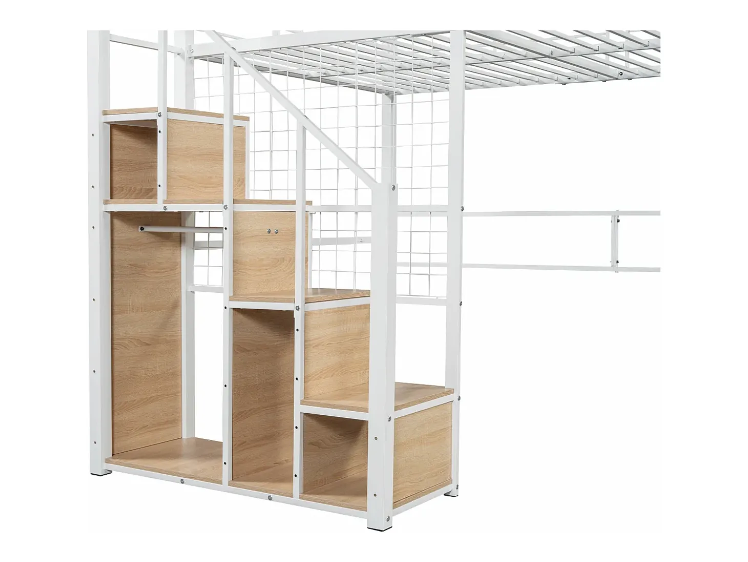 Cama mezanino 140 x 200 cm com armário e escada de segurança - metal e madeira - branco