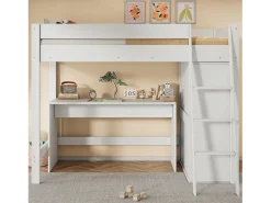 Cama mezanino 90 x 200 cm com escrivaninha e guarda-roupa grande - Madeira maciça + MDF - Cor branca (Sem colchão)