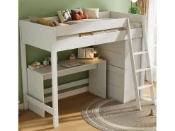 Cama mezanino 90 x 200 cm com escrivaninha e guarda-roupa grande - Madeira maciça + MDF - Cor branca (Sem colchão)