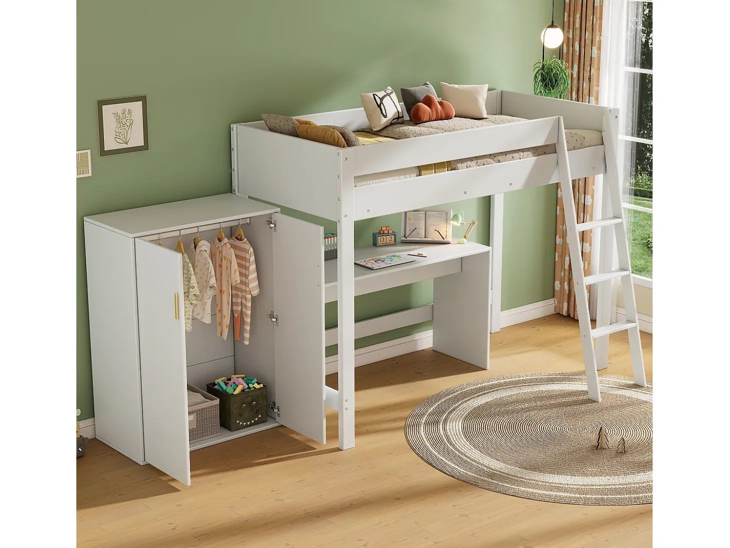 Cama mezanino 90 x 200 cm com escrivaninha e guarda-roupa grande - Madeira maciça + MDF - Cor branca (Sem colchão)
