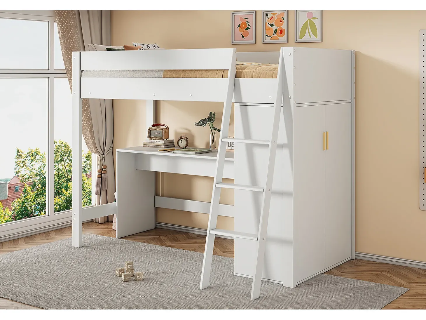 Cama mezanino 90 x 200 cm com escrivaninha e guarda-roupa grande - Madeira maciça + MDF - Cor branca (Sem colchão)