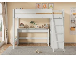 Cama mezanino 90 x 200 cm com escrivaninha e guarda-roupa grande - Madeira maciça + MDF - Cor branca (Sem colchão)