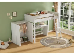 Cama mezanino 90 x 200 cm com escrivaninha e guarda-roupa grande - Madeira maciça + MDF - Cor branca (Sem colchão)