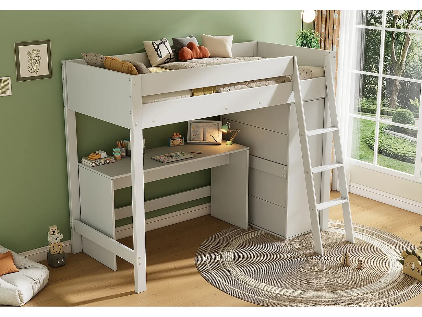 Cama mezanino 90 x 200 cm com escrivaninha e guarda-roupa grande - Madeira maciça + MDF - Cor branca (Sem colchão)
