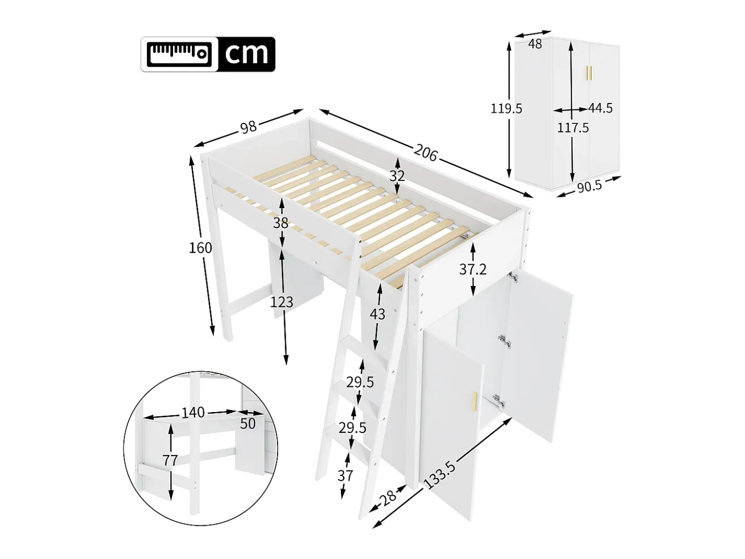 Cama mezanino 90 x 200 cm com escrivaninha e guarda-roupa grande - Madeira maciça + MDF - Cor branca (Sem colchão)