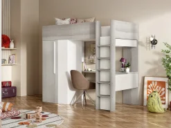 Cama mezanino 90 x 200 cm com guarda-roupa e escrivaninha em tons de cinza natural e branco + colchão - NICOLAS