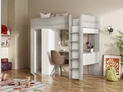 Cama mezanino 90 x 200 cm com guarda-roupa e escrivaninha em tons de cinza natural e branco + colchão - NICOLAS
