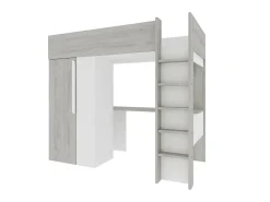 Cama mezanino 90 x 200 cm com guarda-roupa e escrivaninha em tons de cinza natural e branco + colchão - NICOLAS