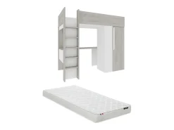 Cama mezanino 90 x 200 cm com guarda-roupa e escrivaninha em tons de cinza natural e branco + colchão - NICOLAS