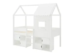 Cama mezanino cabana 90 x 190 cm em pinho e MDF na cor branca + colchão - VALESKIA