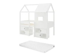 Cama mezanino cabana 90 x 190 cm em pinho e MDF na cor branca + colchão - VALESKIA