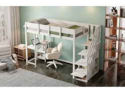 cama mezanino com prateleira - 90 x 200 cm - com escrivaninha + armazenamento na escada - madeira + MDF - branco