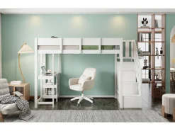 cama mezanino com prateleira - 90 x 200 cm - com escrivaninha + armazenamento na escada - madeira + MDF - branco