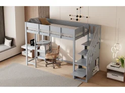 cama mezanino com prateleira - 90 x 200 cm - com escrivaninha + armazenamento na escada - madeira + MDF - cinza