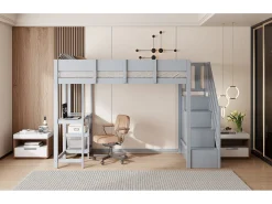cama mezanino com prateleira - 90 x 200 cm - com escrivaninha + armazenamento na escada - madeira + MDF - cinza