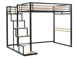 Cama mezanino de 140 x 200 cm em metal e MDF, nas cores preta e natural, com colchão - JOGUI