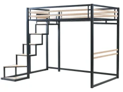 Cama mezanino de 140 x 200 cm em metal e MDF, nas cores preta e natural, com colchão - JOGUI