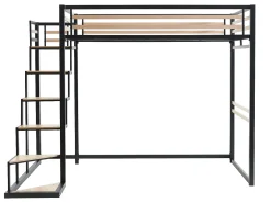 Cama mezanino de 140 x 200 cm em metal e MDF, nas cores preta e natural, com colchão - JOGUI