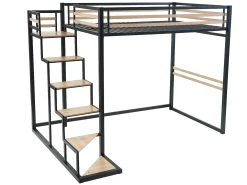 Cama mezanino de 140 x 200 cm em metal e MDF, nas cores preta e natural, com colchão - JOGUI