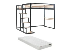 Cama mezanino de 140 x 200 cm em metal e MDF, nas cores preta e natural, com colchão - JOGUI