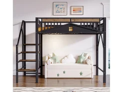 Cama mezanino de metal 140×200 cm - com escada - com grades de segurança - preto (colchão não incluído)