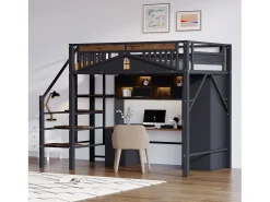 Cama mezanino de metal 140×200 cm - com escada - com grades de segurança - preto (colchão não incluído)