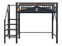 Cama mezanino de metal 140×200 cm - com escada - com grades de segurança - preto (colchão não incluído)