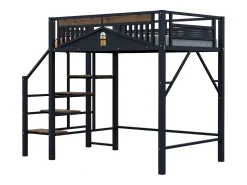 Cama mezanino de metal 140×200 cm - com escada - com grades de segurança - preto (colchão não incluído)