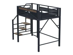 Cama mezanino de metal 140×200 cm - com escada - com grades de segurança - preto (colchão não incluído)