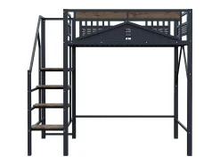 Cama mezanino de metal 140×200 cm - com escada - com grades de segurança - preto (colchão não incluído)