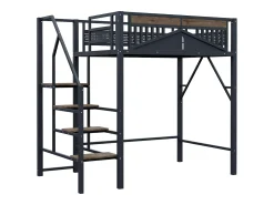 Cama mezanino de metal 140×200 cm - com escada - com grades de segurança - preto (colchão não incluído)