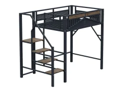 Cama mezanino de metal 140×200 cm - com escada - com grades de segurança - preto (colchão não incluído)