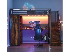 Cama mezanino de metal 90x200 cm - con cabideiro aberto e compartimentos de armazenamento - con escrivaninha e escada - con faixa de luz LED - preto