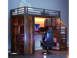Cama mezanino de metal 90x200 cm - con cabideiro aberto e compartimentos de armazenamento - con escrivaninha e escada - con faixa de luz LED - preto