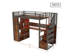 Cama mezanino de metal 90x200 cm - con cabideiro aberto e compartimentos de armazenamento - con escrivaninha e escada - con faixa de luz LED - preto