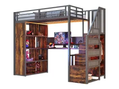 Cama mezanino de metal 90x200 cm - con cabideiro aberto e compartimentos de armazenamento - con escrivaninha e escada - con faixa de luz LED - preto
